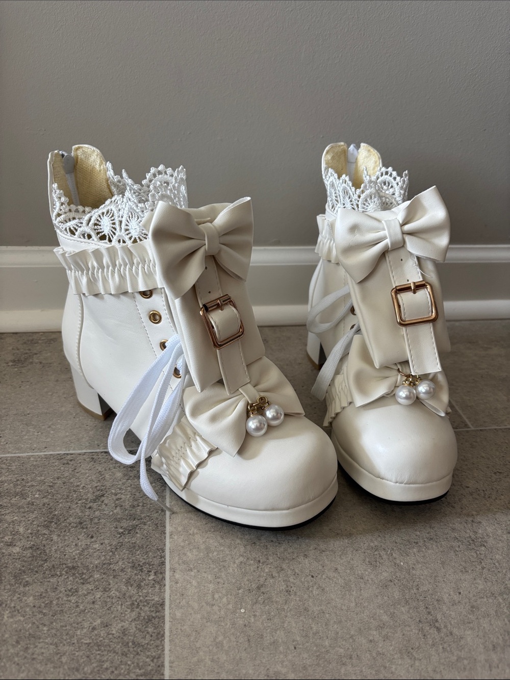 Ivory Lace Bow Ankle Boots with Pearl Charms